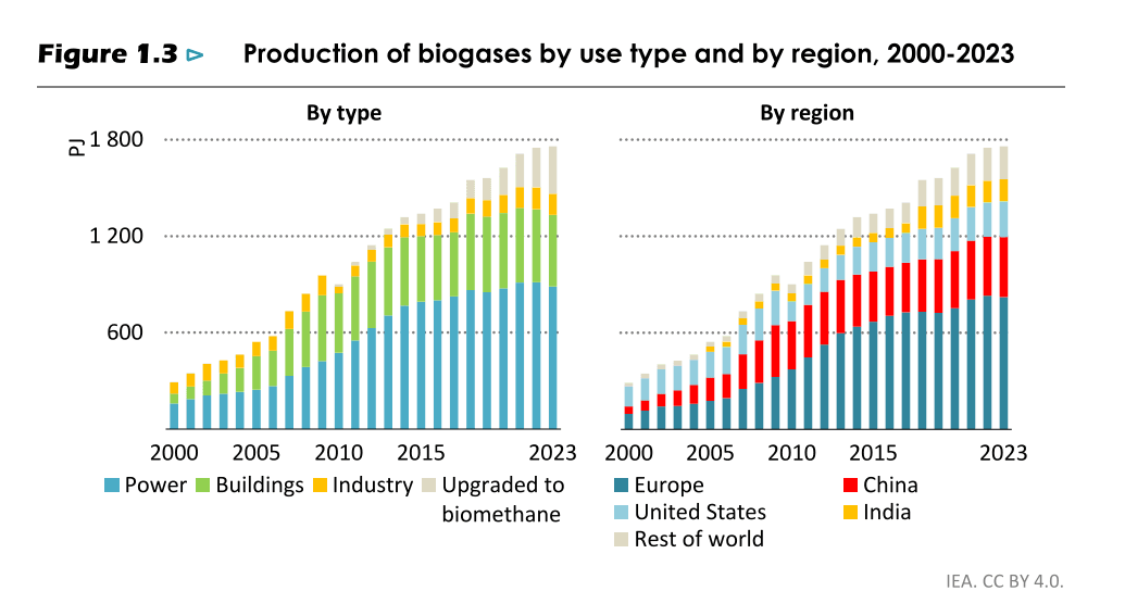 La production de biogaz est passé de 300 PJ en 2000 à 1 800 PJ en 2023. Le biogaz est majoritairement utilisé en tant que source énergétique et produit par l'Europe, suivi de la Chine et des Etats-Unis.